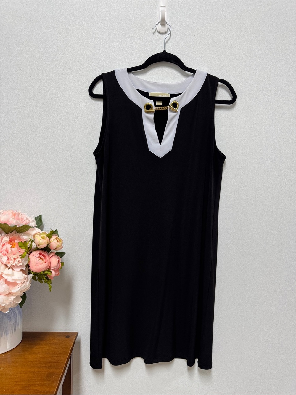 Michael Kors Black Shift Dress with White Trim and Gold Hardware